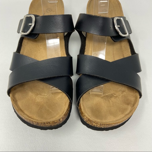 Natural Reflections Black Two Strap Open Toe Wedge Sandals - Picture 6 of 12